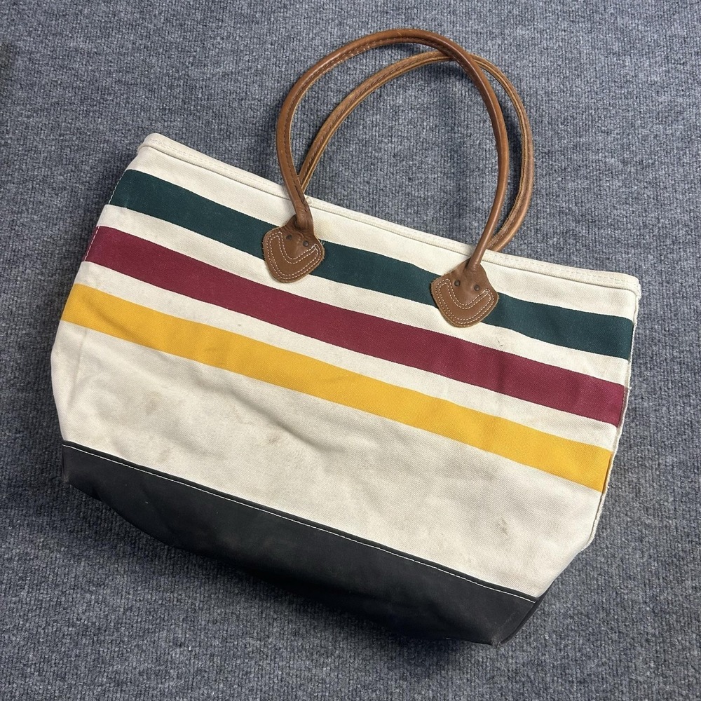 LL Bean Boat and Tote Bag Womens Large Zip Top Stripe Leather Handles Made USA